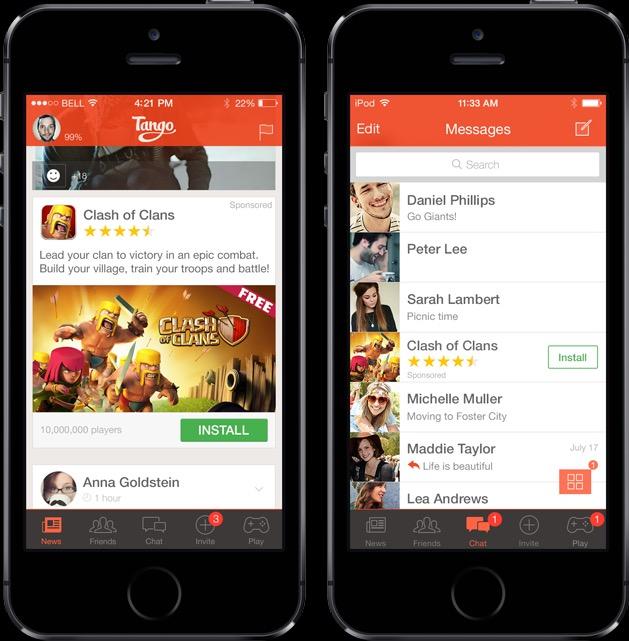 Mobile screenshots of the Tango app showing a sponsored Clash of Clans game ad with an install button and user chat interface with integrated app promotion.