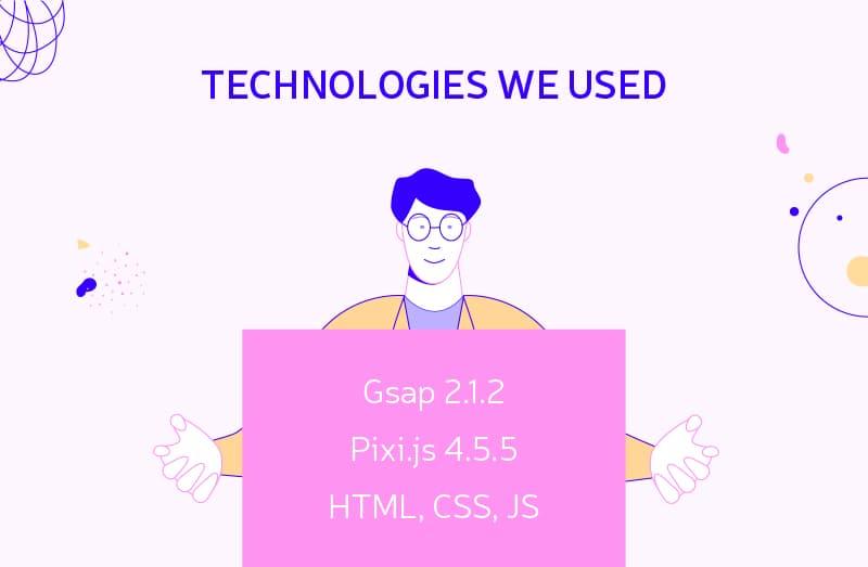 Illustrated developer holding a pink board listing used technologies: Gsap 2.1.2, Pixi.js 4.5.5, HTML, CSS, and JS.