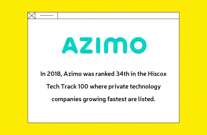 Azimo logo with text highlighting its 34th rank in the 2018 Hiscox Tech Track 100 list for fastest-growing private tech companies.