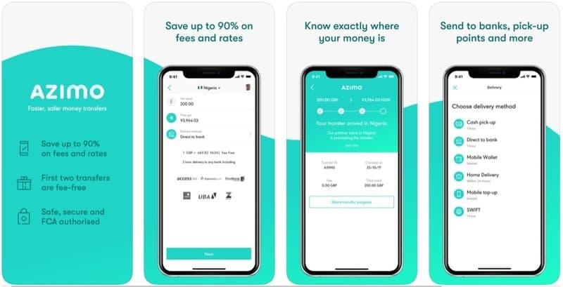 Azimo app interface showcasing features like low transfer fees, real-time tracking, and multiple delivery methods for sending money.