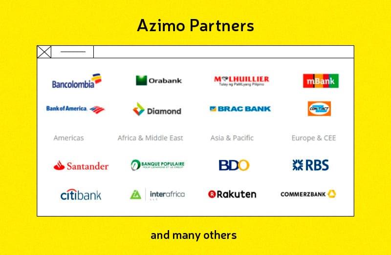 Azimo partners display with logos of global financial institutions from Americas, Africa, Middle East, Asia, Pacific, and Europe including Bancolombia, Bank of America, Santander, Citibank, Commerzbank, and others.