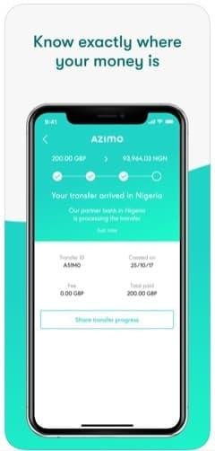 Azimo mobile app screen showing real-time money transfer tracking with sender, amount, and transfer progress to Nigeria.
