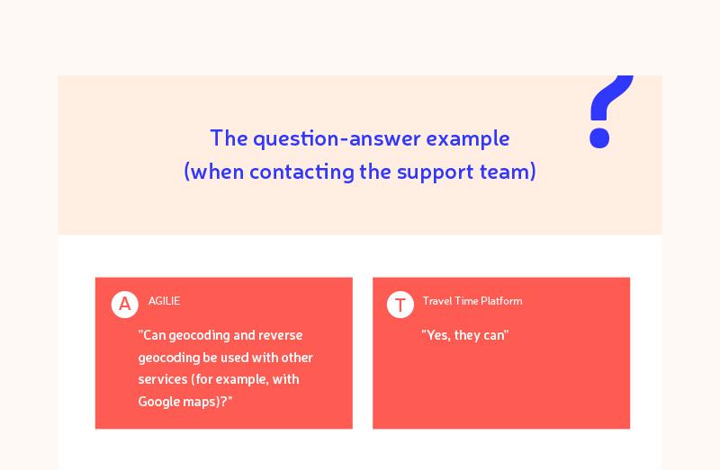 Support team Q&A example showing Agilie asking about geocoding compatibility with other services and Travel Time Platform confirming it is possible.