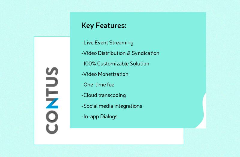Infographic highlighting key features of Contus video solution including live event streaming, video distribution, 100% customizable solution, video monetization, one-time fee, cloud transcoding, social media integrations, and in-app dialogs.