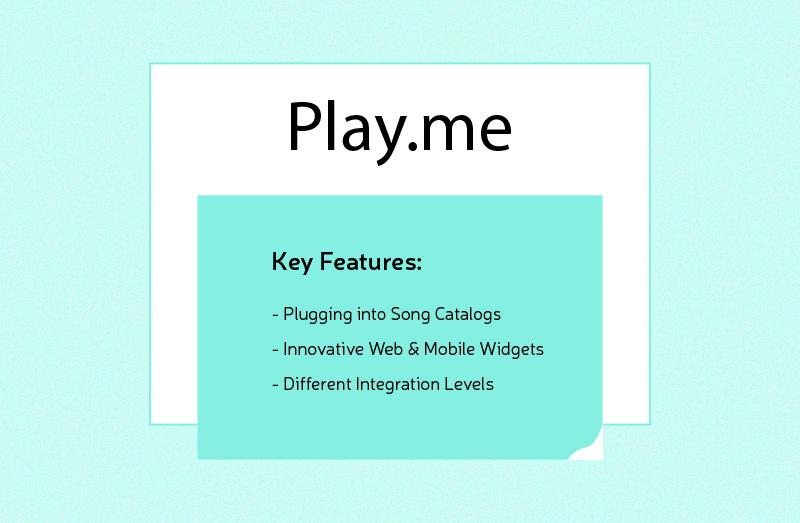 Infographic highlighting key features of Play.me, including plugging into song catalogs, innovative web and mobile widgets, and different integration levels.
