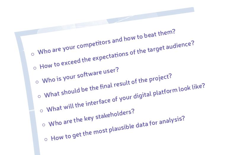 Key business strategy questions about competitors, target audience, software users, and project goals