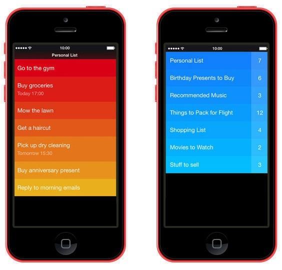 Two smartphones displaying colorful to-do list app screens with categorized tasks and list names.
