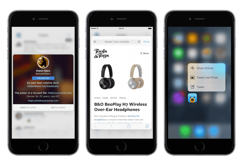 Three iPhones displaying Twitter profile, headphone product page, and app quick actions using 3D Touch.