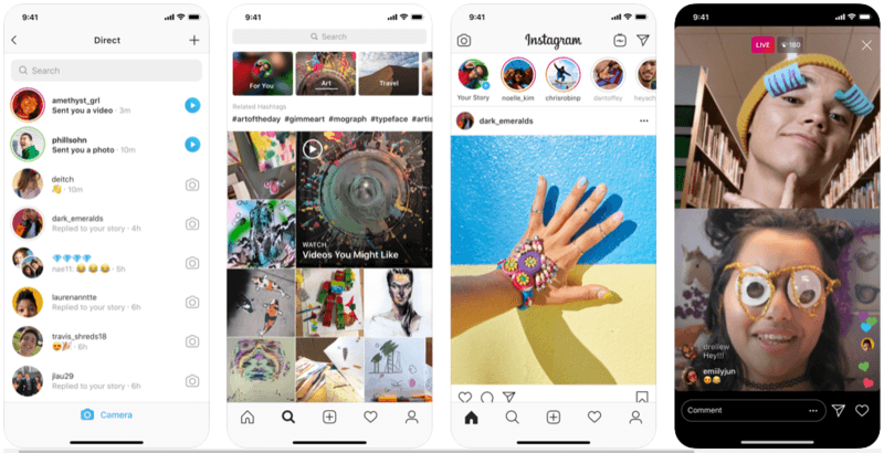 Instagram app interface showing Direct messages, Explore page, main feed, and a live video with filters.