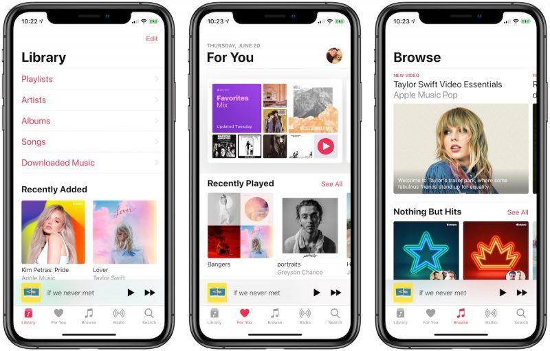 Apple Music app on iPhone showing Library, personalized For You section, and Browse tab with curated playlists and featured artists.