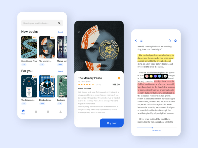 Mobile reading app interface showing book discovery, detailed book info with purchase option, and reading view with text highlighting tools.
