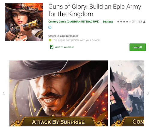 Guns of Glory strategy game promo showing characters with weapons, in-game battle scenes, and the option to install from the app store.