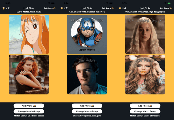 App interface displaying look-alike results matching user photos with fictional characters like Nami from One Piece, Captain America, and Daenerys Targaryen from Game of Thrones.