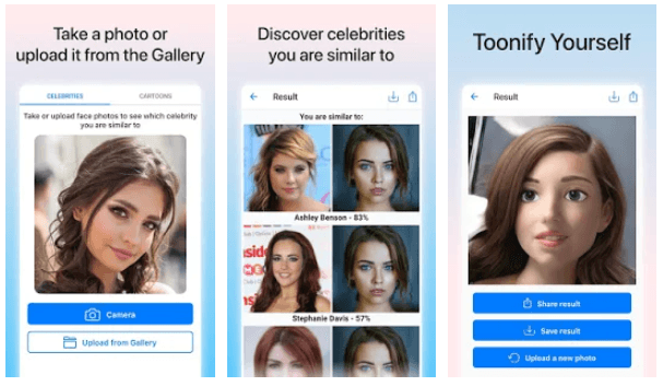 App interface showing features to upload a photo, discover celebrity look-alikes with similarity percentages, and apply a cartoon filter to "toonify" yourself.