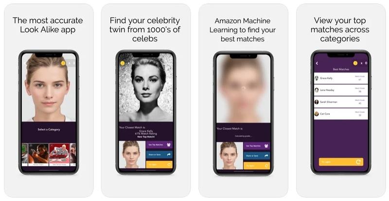 App interface promoting a celebrity look-alike feature, showing user photo upload, match results from thousands of celebrities, use of Amazon Machine Learning, and viewing top matches across categories.