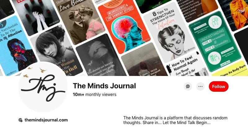 Pinterest profile of The Minds Journal showing mental health and psychology-themed posts with illustrations and quotes; account has over 10 million monthly viewers.