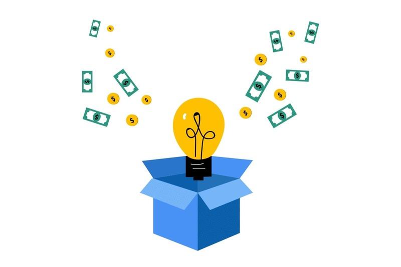 Illustration of a lightbulb emerging from a blue box with money and coins flying outward, symbolizing a profitable idea or innovation.
