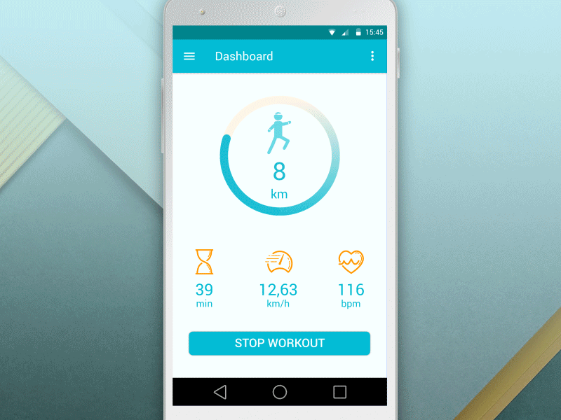 Fitness app dashboard on smartphone displaying workout stats including distance, duration, speed, and heart rate with a "Stop Workout" button.