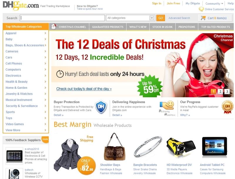 Homepage of DHGate.com featuring "12 Deals of Christmas" promotion with a woman in a Santa hat, product categories sidebar, buyer protection highlights, and wholesale product listings.