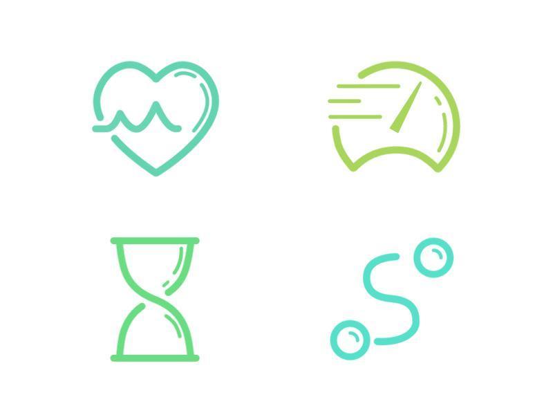 Set of icons representing health (heart), speed (running shoe), time (hourglass), and temperature (thermometer).