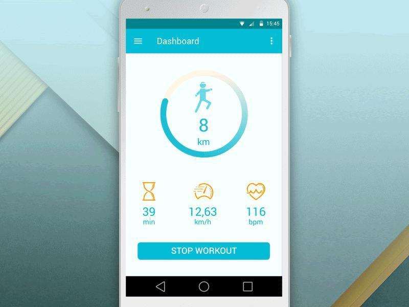 Fitness app dashboard displaying workout metrics: 8 km distance, 39 minutes duration, 12.63 km/h speed, and 116 bpm heart rate.