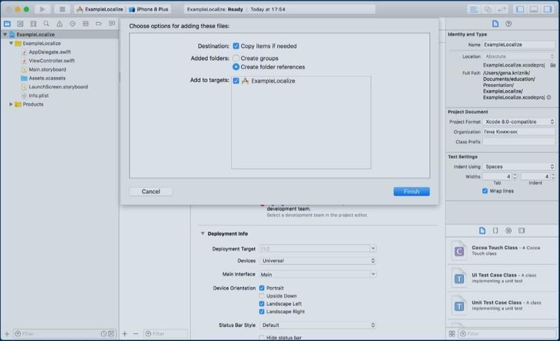 Xcode interface showing project settings and file addition options for an iOS app named ExampleLocalize on an iPhone 8 Plus simulator.