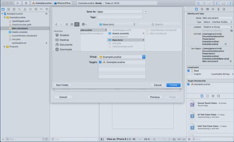 Xcode interface showing the file save dialog for creating a new storyboard file named Main in the ExampleLocalize iOS project, targeting the Base localization group.