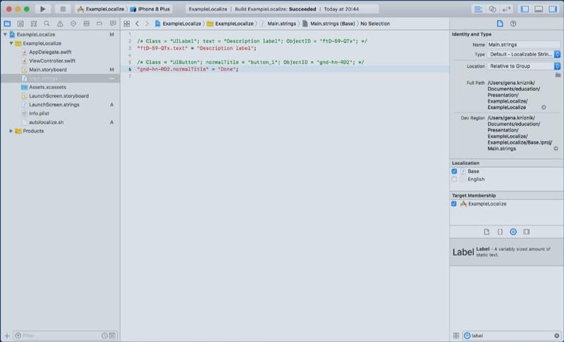 Xcode editor view showing the Main.strings file with localized text entries for UI elements like labels and buttons in the ExampleLocalize project.