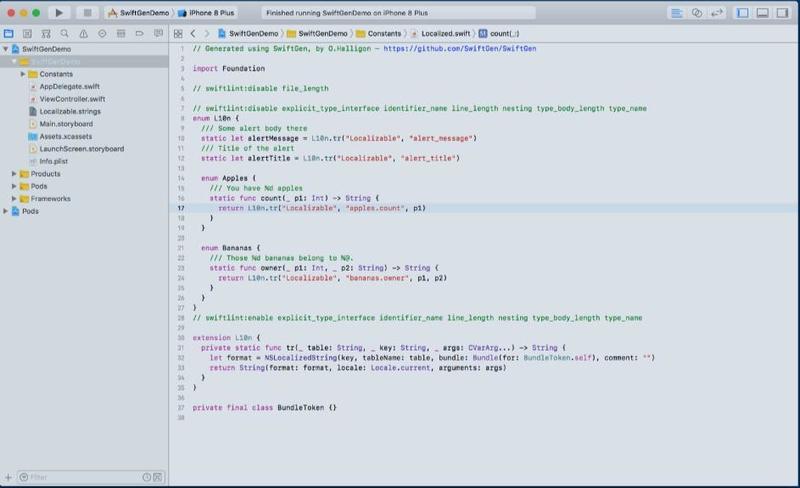 Xcode window showing SwiftGen-generated Localized.swift file with localization enums and functions for strings like alert messages, running in SwiftGenDemo project on an iPhone 8 Plus simulator.