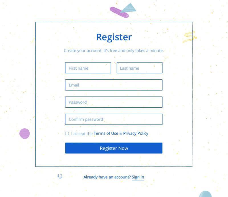 Online registration form with fields for name, email, password, and a checkbox for accepting terms of use and privacy policy.