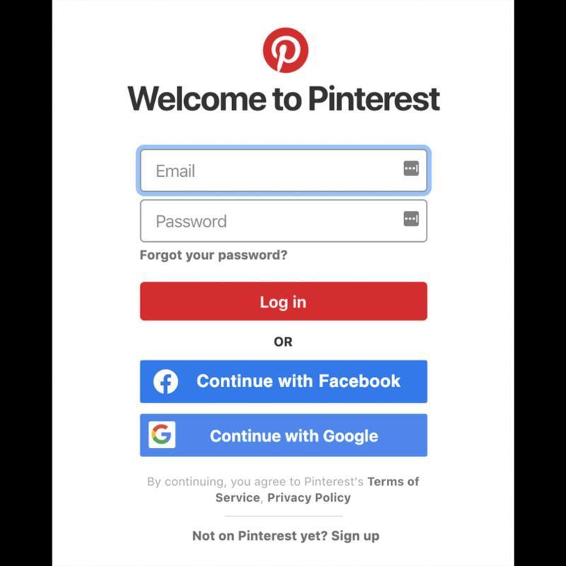 Pinterest login screen with email and password fields, and options to continue with Facebook or Google.