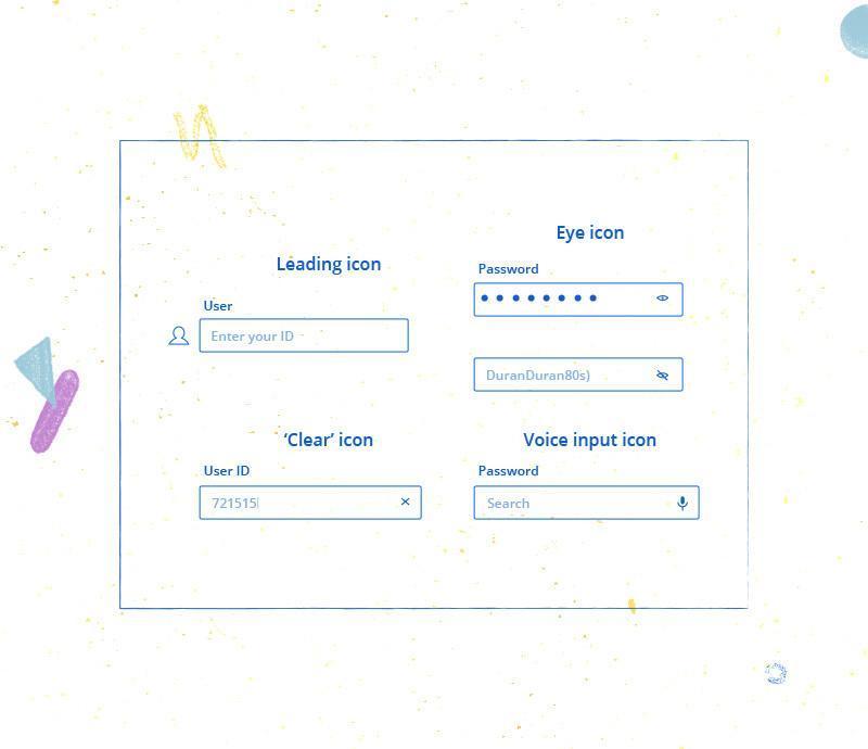 User interface input fields featuring various icons including leading user icon, eye icon for password visibility, clear icon, and voice input icon.