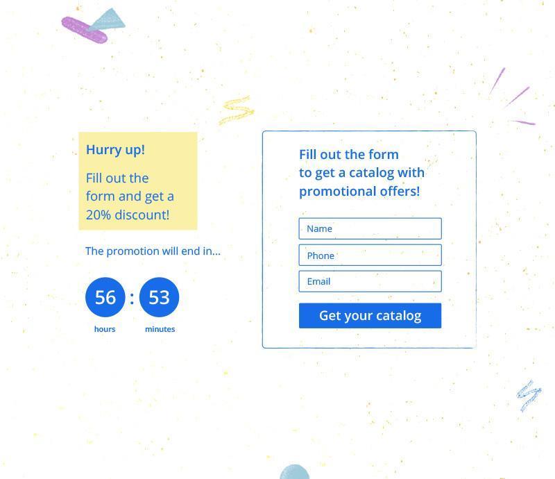 Promotional form offering a 20% discount for filling out name, phone, and email fields with a countdown timer showing hours and minutes left.