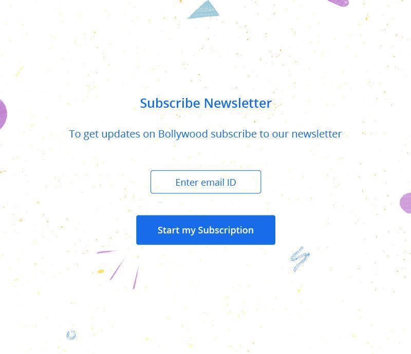 Newsletter subscription form for Bollywood updates with email input field and “Start my Subscription” button.