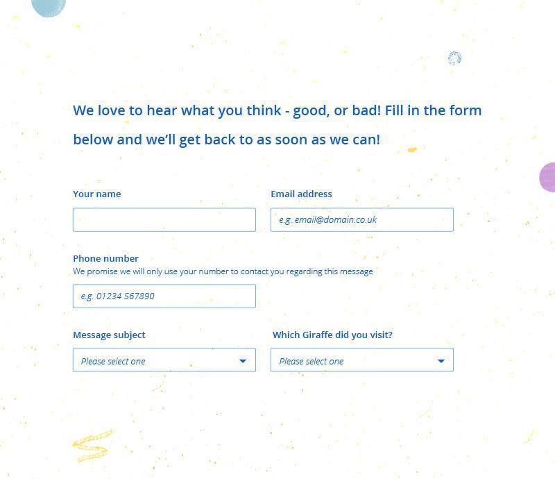Customer feedback form with fields for name, email, phone number, message subject, and location of giraffe visit.