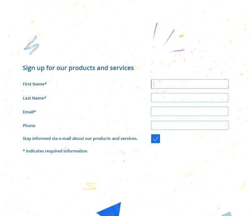 Online sign-up form with required fields for first name, last name, email, and optional phone number for product and service updates.