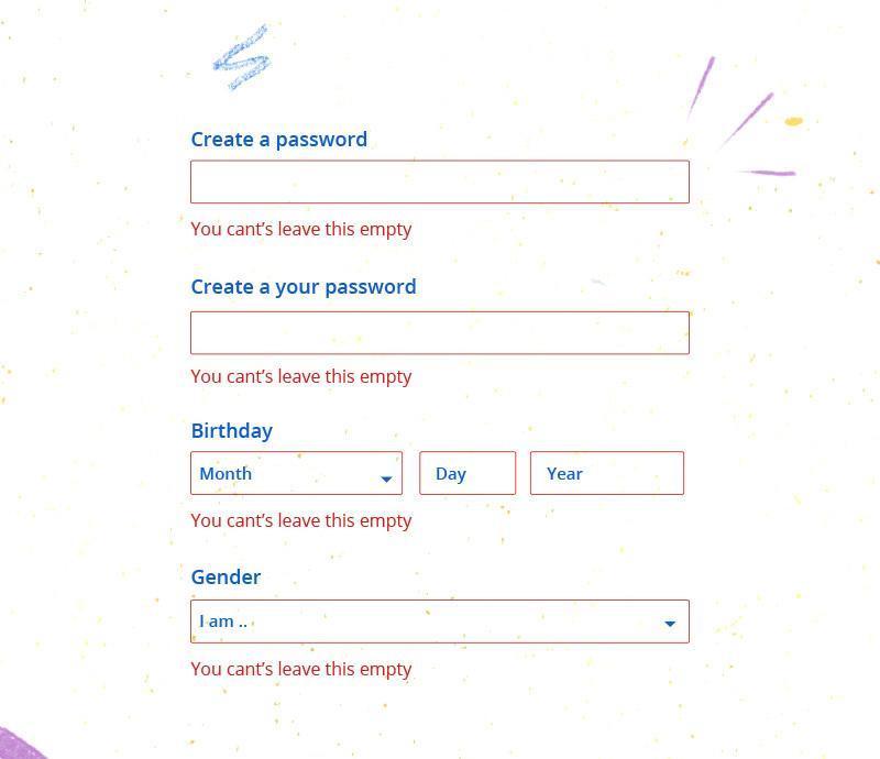 Empty online form fields for password creation, birthday selection, and gender identification with validation warnings.