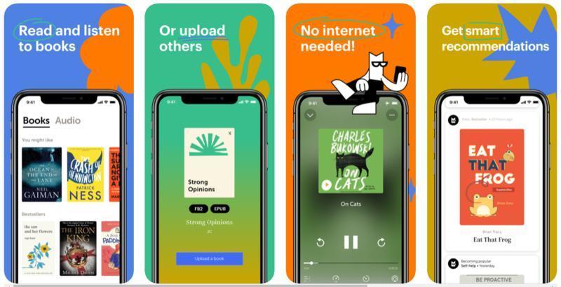 Mobile reading app interface displaying features like reading and listening to books, uploading eBooks, offline access, and personalized book recommendations.