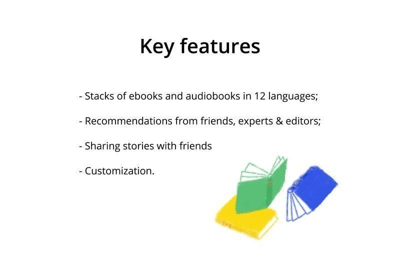 Key features of a reading app including ebooks and audiobooks in 12 languages, expert recommendations, story sharing, and customization options.