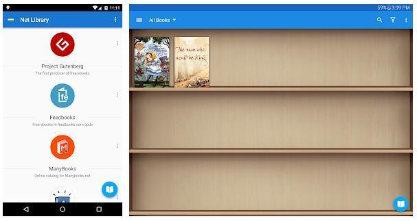 Mobile app interface displaying Net Library with eBook sources like Project Gutenberg and a digital bookshelf view with books.