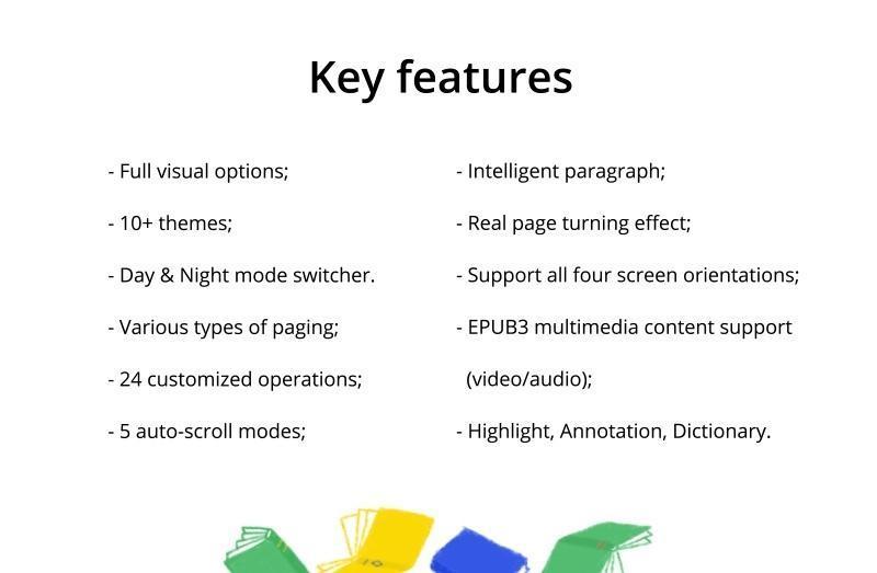 Key features list of a reading app including themes, visual options, day & night mode, EPUB3 multimedia support, and annotation tools.
