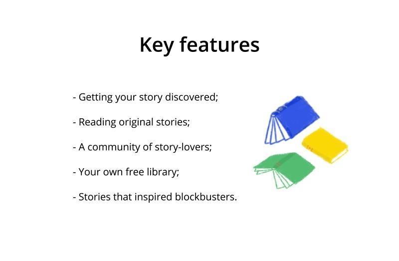 Key features list of a story-sharing app with icons of colorful books representing reading and personal library options.