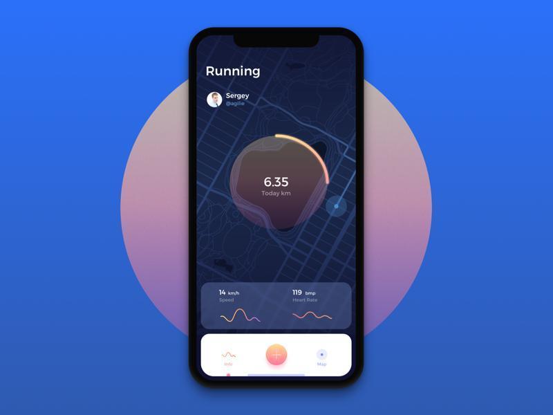 Fitness app interface showing running stats, including distance (6.35 km), speed (14 km/h), and heart rate (119 bpm).