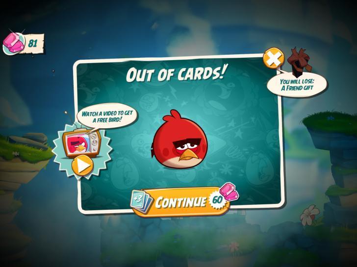 Angry Birds game screen showing "Out of Cards!" message with options to watch a video for a free bird or continue using 60 gems.
