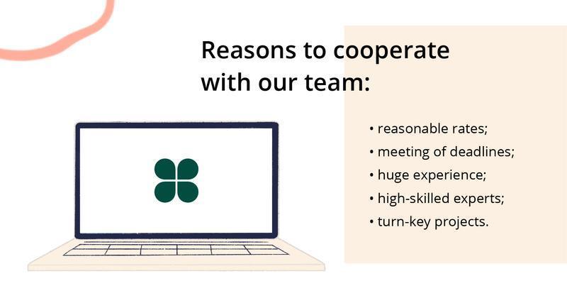 Graphic with laptop and list highlighting benefits of working with a team, including reasonable rates, deadline compliance, vast experience, skilled experts, and turnkey project delivery.