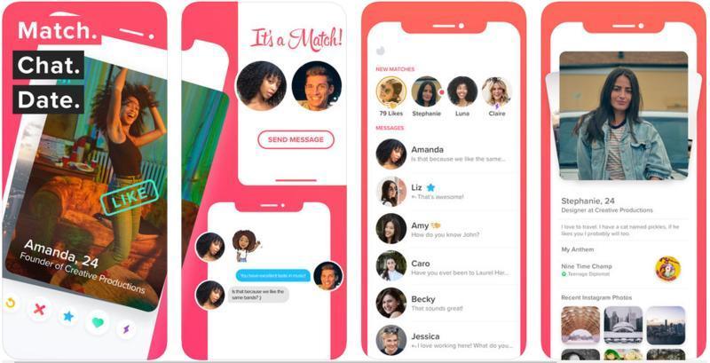 Mobile app interface showing a dating platform with features like profile browsing, matches, chat messaging, and user profiles including photos and interests.