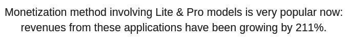 Text stating that the Lite & Pro monetization model is popular, with application revenues growing by 211%.