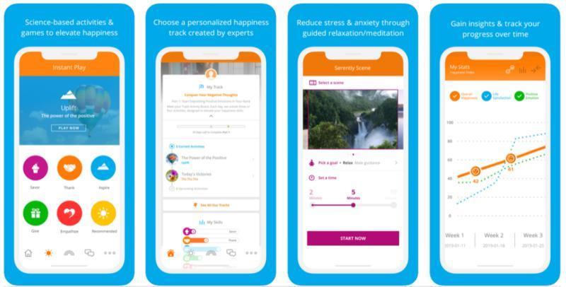 Screenshots of Happify app showcasing features: science-based activities and games for instant play, personalized happiness tracks by experts, stress and anxiety reduction through guided relaxation and meditation, and insights with progress tracking over weeks.