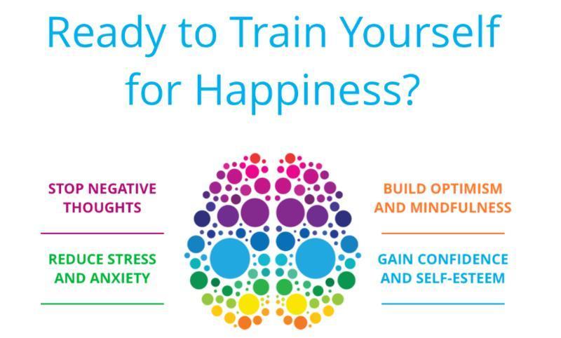 Motivational graphic asking 'Ready to Train Yourself for Happiness?' with a colorful brain illustration, highlighting benefits like stopping negative thoughts, reducing stress and anxiety, building optimism and mindfulness, and gaining confidence and self-esteem.