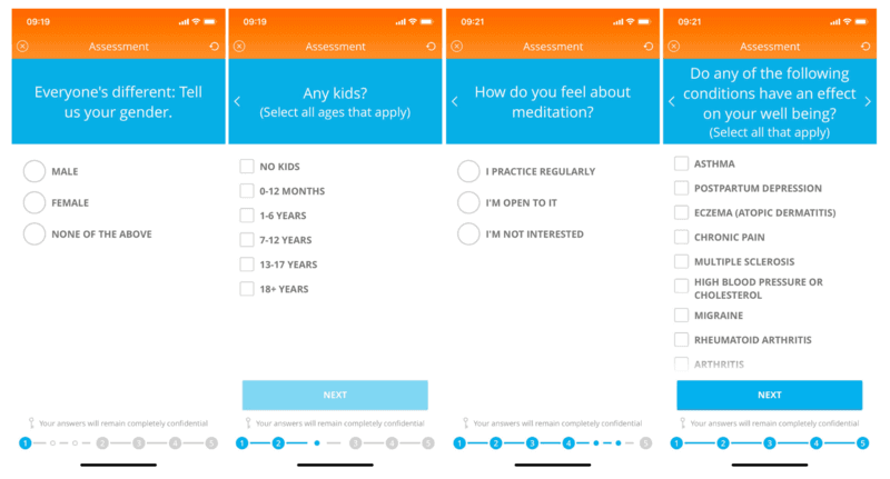 Screenshots of a health app assessment, asking users about their gender (male, female, none of the above), presence and ages of kids, meditation habits (regular practice, open to it, not interested), and health conditions like asthma, postpartum depression, eczema, multiple sclerosis, high blood pressure, migraines, and rheumatoid arthritis.